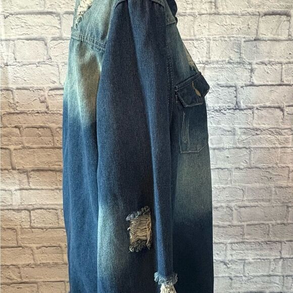 Amazon Women's Dark Blue Distressed Jean Jacket - Picture 3 of 5